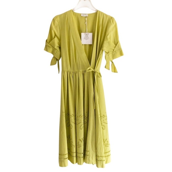 Lace Midi V-Neck Dress Yellow Cotton Small NWT - Picture 2 of 10